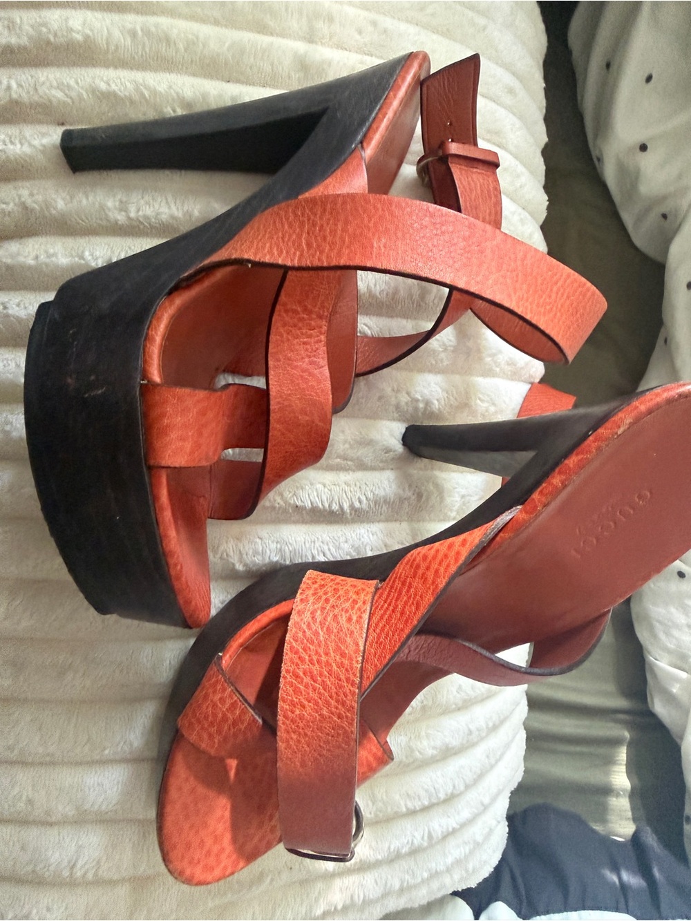 Gucci Orange Leather Platform Cross-Strap Heels
